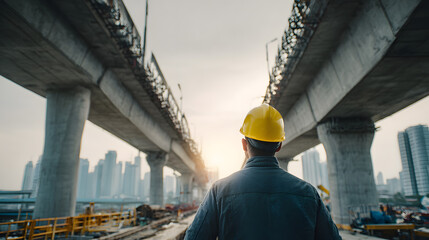 Construction Site Supervisor Inspecting Infrastructure Amidst City Skyline
