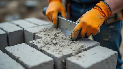 Skilled Worker Applying Fresh Mortar Concrete Blocks