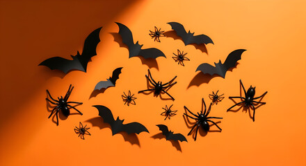 Spooky Halloween Decorations Black Bats and Spiders on Orange Background