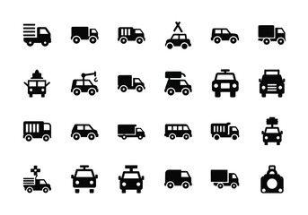 Collection of various vehicle icons including trucks, cars, vans, and emergency vehicles © Design Row