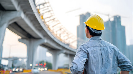 Professional civil engineer in safety gear stands on a construction site, observing the progress of urban infrastructure development