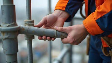 Assembly Worker Securing Scaffold Clamp Safe Elevated Platform