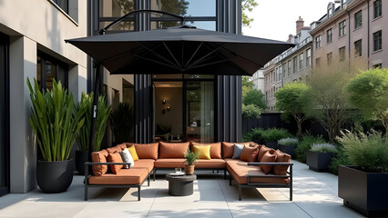 Fototapeta premium Industrial Chic Patio with Metal Cantilever Umbrella