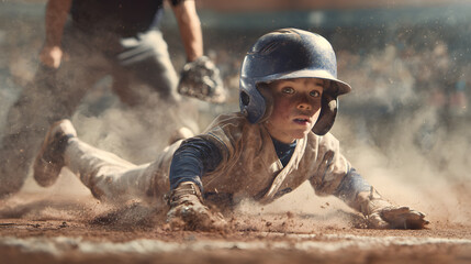 Cinematic action shot of a determined youth baseball player sliding into a dusty base during a competitive game
