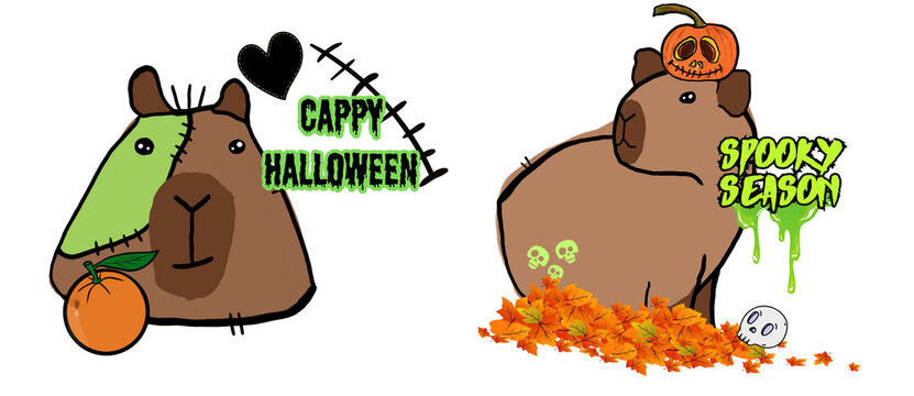 HALLOWEEN CAPYBARAS ILLUSTRATIONS SET FOR HALLOWEEN,, FUNNY CAPYBARA DOODLES
