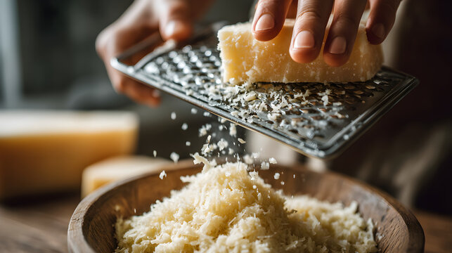Chef grating parmesan cheese into wooden bowl in restaurant kitchen