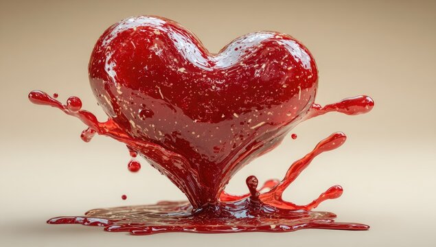 Red heart shape, glossy, liquid, splashes