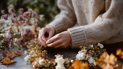 Creating a beautiful floral wreath with dried flowers during autumn in a serene outdoor setting