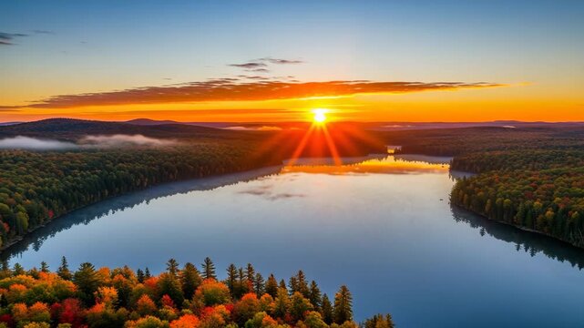 Breathtaking sunrise over a calm lake surrounded by vibrant autumn forest, colorful fall foliage, and clear sky, captured in high resolution aerial panoramic landscape photo