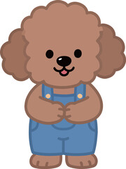 Obraz premium Cute cartoon dog character wearing blue overalls, smiling happily.