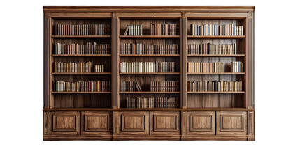 Vintage brown wooden bookshelves or cabinets in an empty room isolated on a transparent background