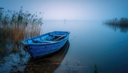 Obraz premium Misty lake scene with a blue boat