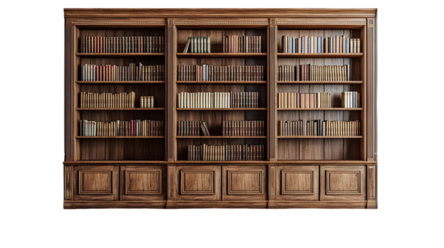 Vintage brown wooden bookshelves or cabinets in an empty room isolated on a transparent background