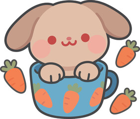 Fototapeta premium Cute cartoon bunny with floppy ears sitting in a cup surrounded by carrots.