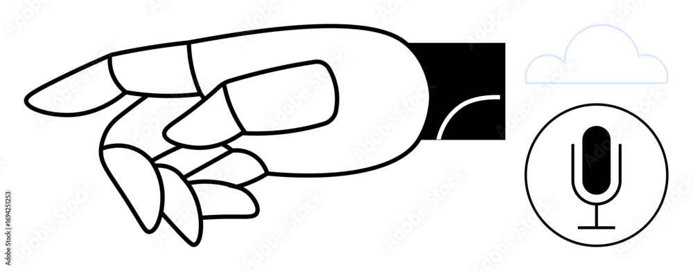 Poster robotic hand emphasizing gesture control, accompanied by cloud icon and voice recognition symbol. id