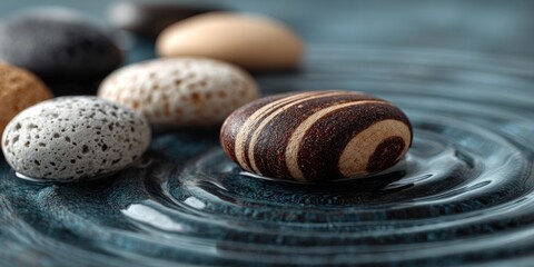Close-up of smooth stones in water, with ripples. Different textures and colors, selective focus