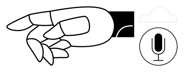Robotic hand emphasizing gesture control, accompanied by cloud icon and voice recognition symbol. Ideal for AI innovation, robotics, tech communication, futuristic design, automation, digital