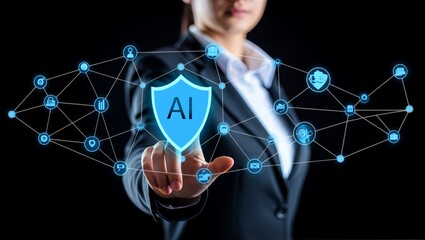 Understanding ai security concept with woman touching shield on network interface