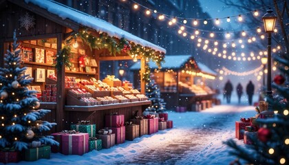 Festive winter market with decorated donation booth, fairy lights, falling snow, and wrapped gifts. Perfect for charity drives, holiday branding, and International Volunteer Day campaigns.
