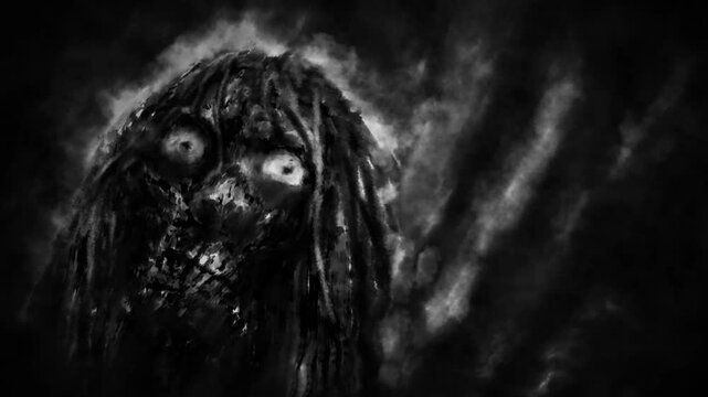 Evil fanged monster attack in creepy nightmare. 2D animation horror fantasy genre. Scary eyes in spooky night. Gloomy animated short film. Abstraction dark backdrop. Black and white background movie.