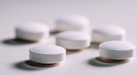 Several round white medical pills lying on a neutral background creating a professional healthcare or pharmaceutical industry concept