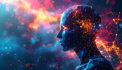 Digital human head profile, vibrant colors, abstract