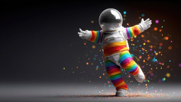 Colorful astronaut dancing in space, vibrant suit, confetti