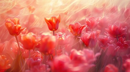 Wide Meadow of Tulips Blooming and Blowing Under Gentle Wind