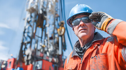Professional oilfield worker in safety gear looking up at a derrick, a mature engineer on an industrial drilling rig site