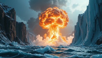 Dramatic fiery explosion over icy ocean landscape with snow covered cliffs and clouds creating a powerful scene