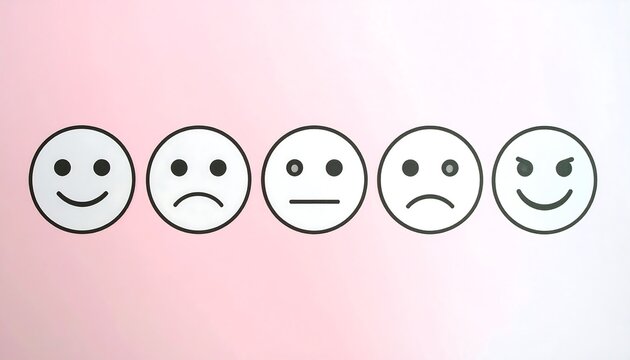 Five simple emoji faces, ranging from happy to angry, on a pink gradient background