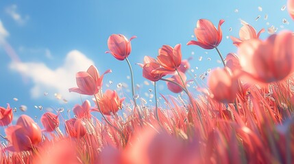 Tulips Blossoming in the Field Moving Gently with the Wind