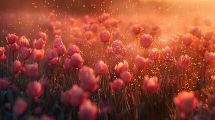 Vivid Colors of Tulips in a Blooming Field Shaken by Wind