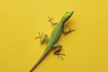 Fototapeta premium Bright green lizard on a yellow background
