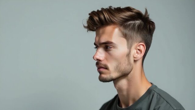 A person gazing directly at the camera, wearing a grey shirt