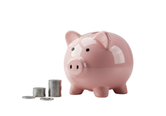 Classic glossy pink ceramic piggy bank with button eyes, coin slot, and neat silver coin stack, isolated on a solid transparent background, commercial product photography concept of financial savings