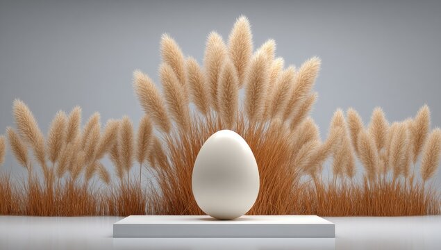 A pristine white egg sits atop a white pedestal, framed by a cluster of light beige pampas grass against a neutral gray backdrop