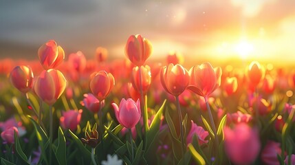 Colorful Field of Tulips Gracefully Dancing with the Passing Wind