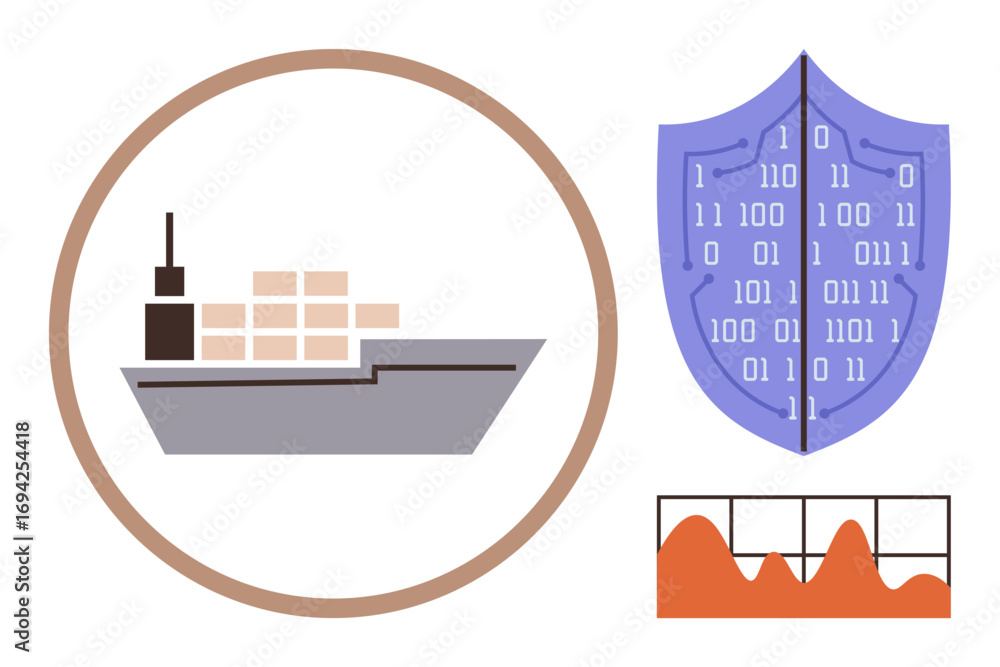 Poster cargo ship with stacked containers, binary-coded shield, and data graph visualizing insights. ideal 