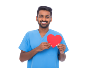 A smiling young Indian male medical professional in blue scrubs holds a vibrant red paper heart, symbolizing health, love, and dedicated care isolated on a transparent background