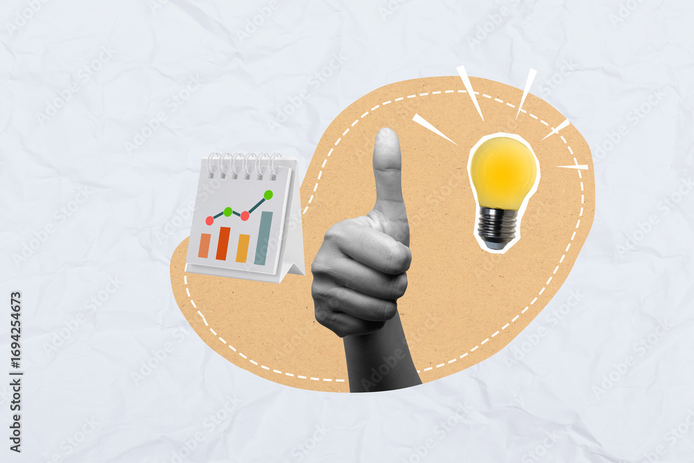 Aufkleber human hand with thumb up gesture showing a lit lightbulb and a graph line on a colored background. c