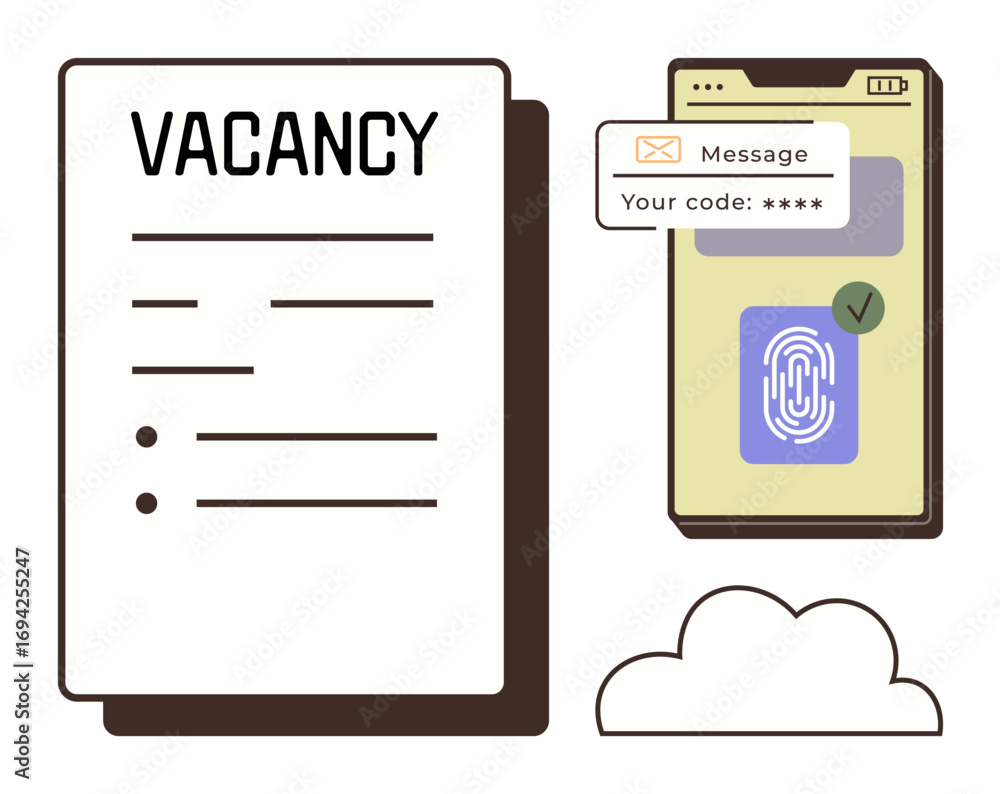 Poster vacancy form paired with mobile screen displaying fingerprint scan and code verification message. id