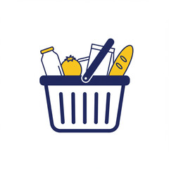 Colorful illustration of a grocery shopping basket overflowing with essential fresh produce and daily food items, perfect for retail, e-commerce, and everyday consumer concepts