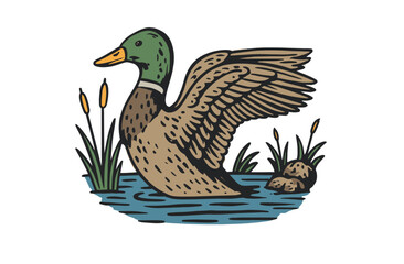 Floating Duck Illustration. Vintage Mallard Bird Artwork. Retro Wildlife and Nature Graphic. Pond Scene Print.