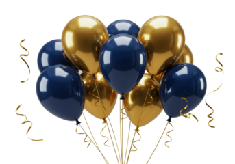 Perfectly spherical, high-gloss, reflective metallic navy blue and gold balloons with elegant gold silk ribbons on a clean transparent background, commercial product advertisement concept