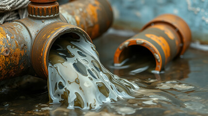 Dirty water is flowing out of dilapidated water pipes, presenting a scene of water pipe damage and poor water quality. The murky and polluted water gushes out from the worn - out pipes, indicating pot
