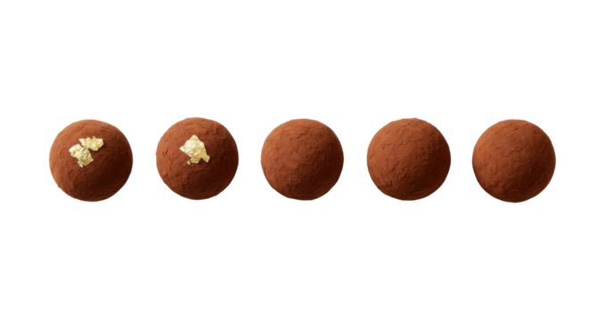 Five perfectly spherical gourmet chocolate truffles, cocoa dusted, one with gold leaf, in a linear sequence on transparent, high-key studio lit, shadowless. Luxury confectionery product display