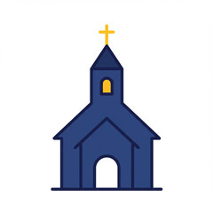 A simple blue church with a yellow cross on top, symbolizing faith and community gathering