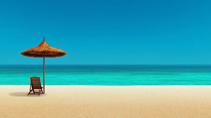Minimalist sandy beach with single umbrella and chair overlooking turquoise water. High-resolution summer vacation and tropical relaxation scene.