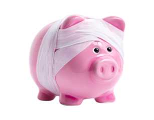 A pink piggy bank wrapped in medical bandages, symbolizing financial injury, recovery, or the high cost of healthcare isolated on a transparent background